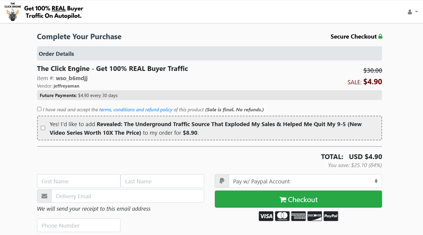 Checkout Page for Click Engine Traffic System
